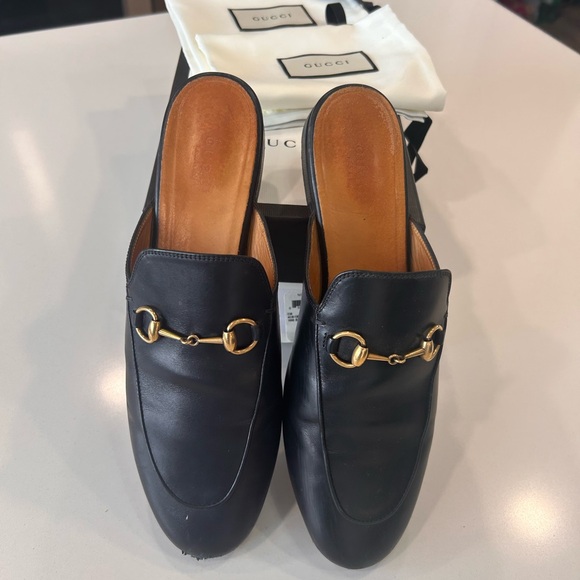 Gucci Shoes - Gucci Black Leather Slip-On Mules with Gold Horsebit